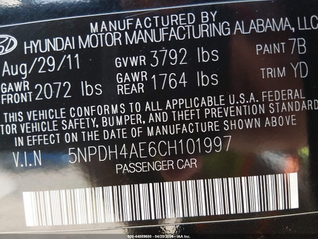 Продаж на аукціоні авто 2012 Hyundai Elantra Limited, vin: 5NPDH4AE6CH101997, номер лоту: 44889680