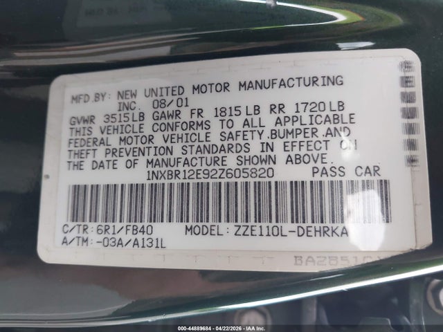 44889684 :رقم المزاد ، 1NXBR12E92Z605820 vin ، 2002 Toyota Corolla Ce مزاد بيع