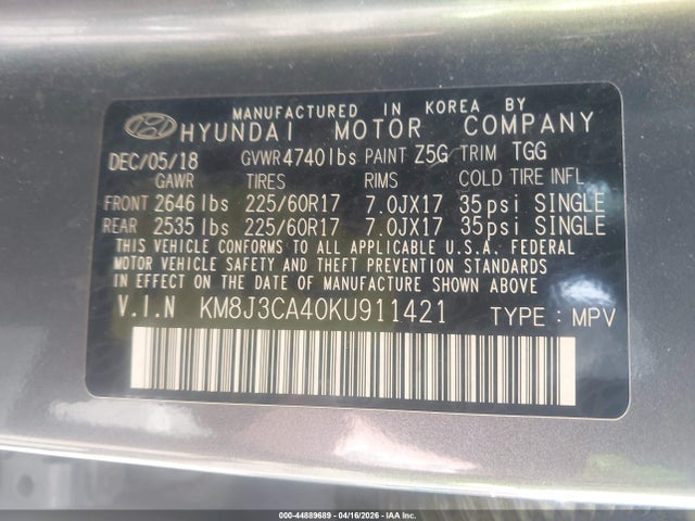 Aukcja sprzedaży 2019 Hyundai Tucson Value, vin: KM8J3CA40KU911421, numer aukcji: 44889689