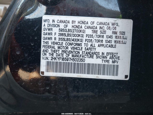 Продажа на аукционе авто 2007 Honda Pilot Ex-l, vin: 2HKYF18597H502350, номер лота: 44889695