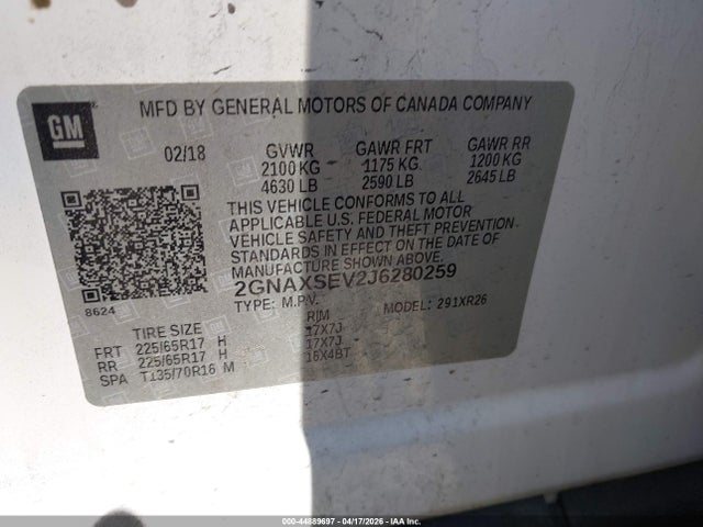 Продаж на аукціоні авто 2018 Chevrolet Equinox Lt, vin: 2GNAXSEV2J6280259, номер лоту: 44889697
