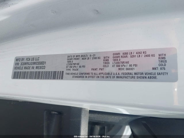 3C6MRVJG9ME558031 RAM Promaster 3500 Cargo Van High Roof 159 Wb Ext
