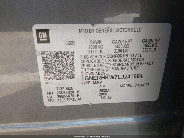 44889712 :رقم المزاد ، 1GNERHKW7LJ241684 vin ، 2020 Chevrolet Traverse Fwd Lt Leather مزاد بيع