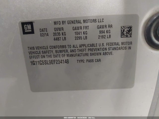 44889729 :رقم المزاد ، 1G11C5SL9EF234148 vin ، 2014 Chevrolet Malibu 1lt مزاد بيع
