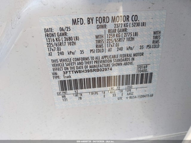 3FTTW8H39SRB02974 Ford Maverick Xlt