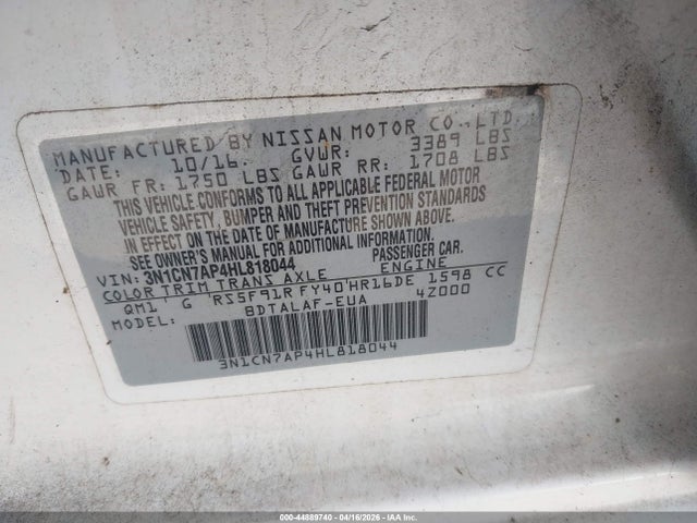 Aukcja sprzedaży 2017 Nissan Versa 1.6 S, vin: 3N1CN7AP4HL818044, numer aukcji: 44889740