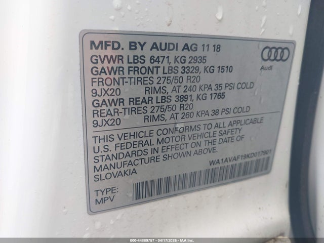 Aukcja sprzedaży 2019 Audi Q8 55 Premium, vin: WA1AVAF19KD017901, numer aukcji: 44889757