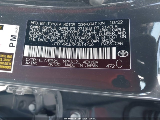 44889776 :رقم المزاد ، JTDT4MCEXP3514706 vin ، 2023 Toyota Corolla Xse مزاد بيع