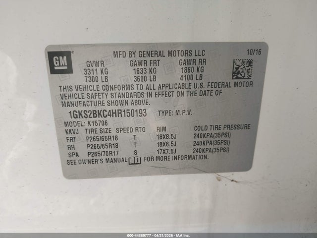 44889777 :رقم المزاد ، 1GKS2BKC4HR150193 vin ، 2017 Gmc Yukon Slt مزاد بيع
