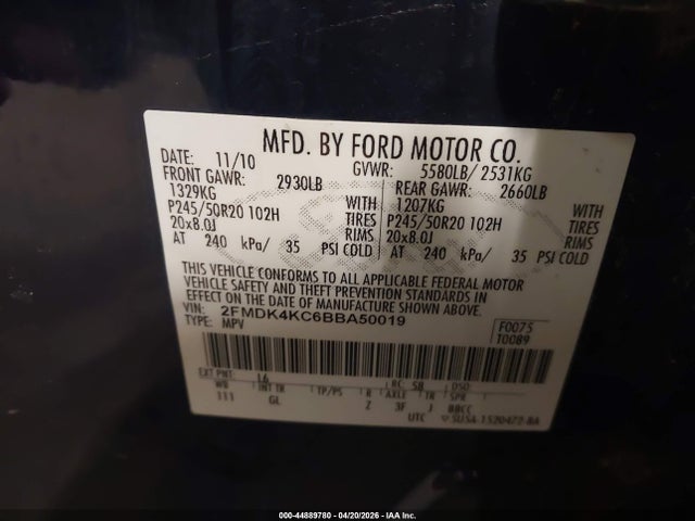 Aukcja sprzedaży 2011 Ford Edge Limited, vin: 2FMDK4KC6BBA50019, numer aukcji: 44889780