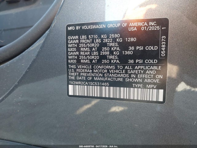 44889788 :رقم المزاد ، 1V2WR2CA1SC531465 vin ، 2025 Volkswagen Atlas 2.0t Se W/technology مزاد بيع