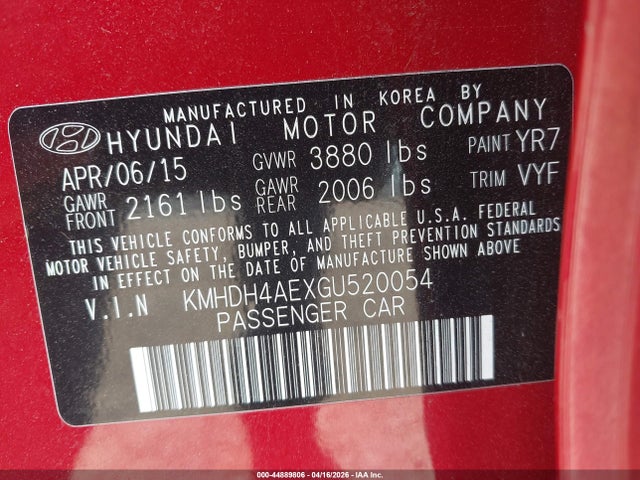 44889806 :رقم المزاد ، KMHDH4AEXGU520054 vin ، 2016 Hyundai Elantra Se مزاد بيع