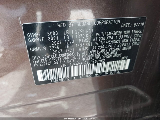 Aukcja sprzedaży 2020 Subaru Ascent Limited, vin: 4S4WMALD9L3407963, numer aukcji: 44889820