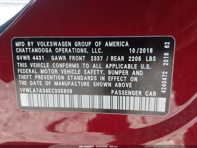44889829 :رقم المزاد ، 1VWLA7A34KC005809 vin ، 2019 Volkswagen Passat 2.0t Wolfsburg Edition مزاد بيع