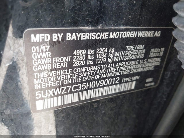 Aukcja sprzedaży 2017 Bmw X3 Sdrive28i, vin: 5UXWZ7C35H0V90012, numer aukcji: 44889835