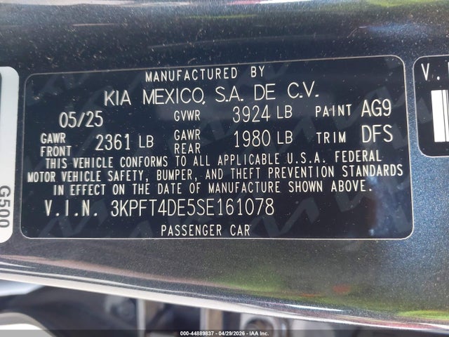 Aukcja sprzedaży 2025 Kia K4 Lxs, vin: 3KPFT4DE5SE161078, numer aukcji: 44889837