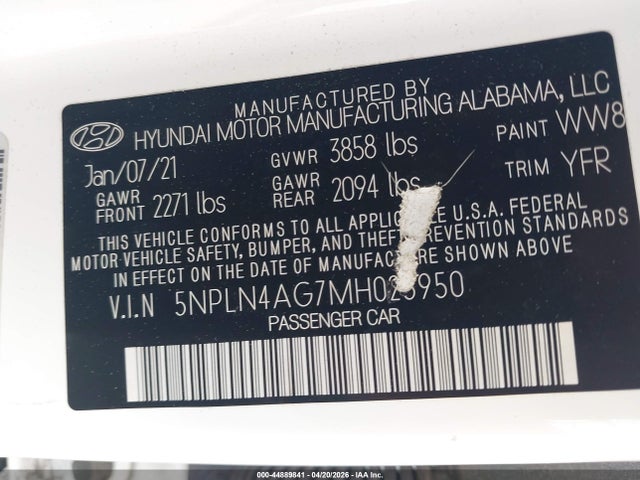 Aukcja sprzedaży 2021 Hyundai Elantra Sel, vin: 5NPLN4AG7MH023950, numer aukcji: 44889841