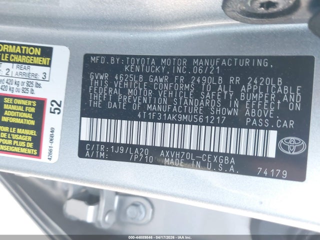 Продажа на аукционе авто 2021 Toyota Camry Xle Hybrid, vin: 4T1F31AK9MU561217, номер лота: 44889846
