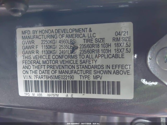 2021 Honda Cr-v Hybrid Ex მანქანა იყიდება აუქციონზე, vin: 7FART6H50ME022190, აუქციონის ნომერი: 44889847