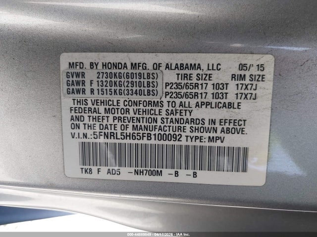 Honda Odyssey Ex-l 2015 5FNRL5H65FB100092 Image 9