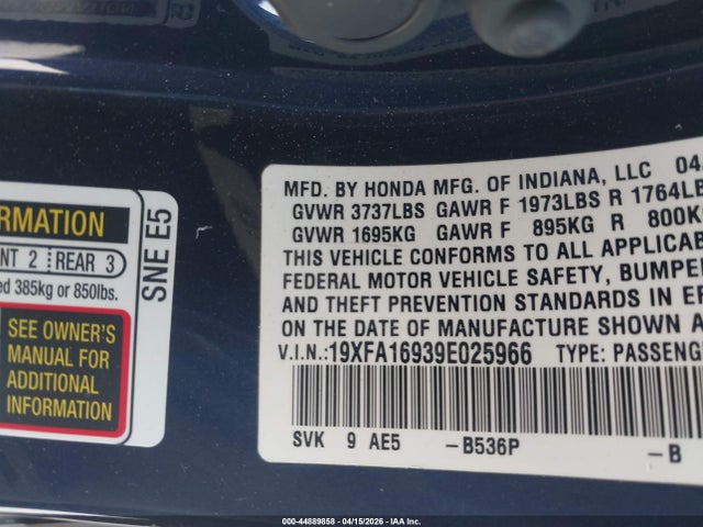 44889858 :رقم المزاد ، 19XFA16939E025966 vin ، 2009 Honda Civic Ex-l مزاد بيع