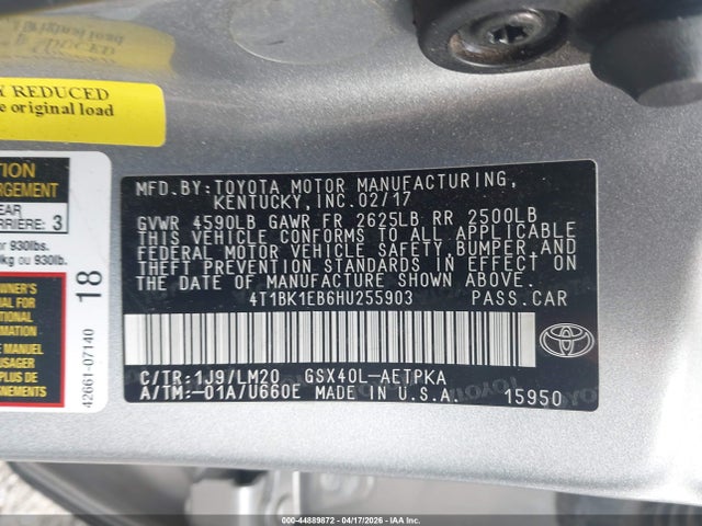 Aukcja sprzedaży 2017 Toyota Avalon Limited, vin: 4T1BK1EB6HU255903, numer aukcji: 44889872