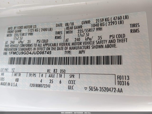 1FMCU9GD4JUD08745 Ford ESCAPE SE