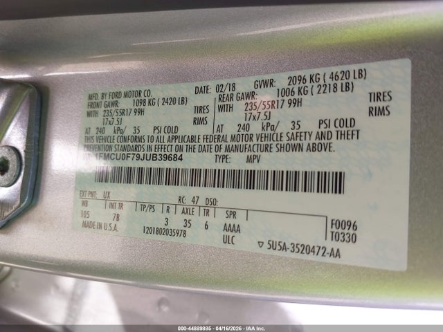 Aukcja sprzedaży 2018 Ford Escape S, vin: 1FMCU0F79JUB39684, numer aukcji: 44889885