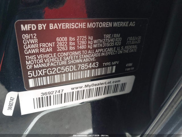 2013 Bmw X6 Xdrive35i მანქანა იყიდება აუქციონზე, vin: 5UXFG2C56DL785443, აუქციონის ნომერი: 44889886