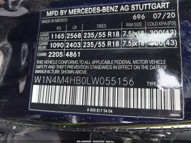 44889890 :رقم المزاد ، W1N4M4HB0LW055156 vin ، 2020 Mercedes-benz Glb 250 4matic مزاد بيع