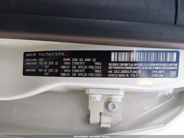 44889900 :رقم المزاد ، ZACCJBBBXJPJ44216 vin ، 2018 Jeep Renegade Latitude 4x4 مزاد بيع