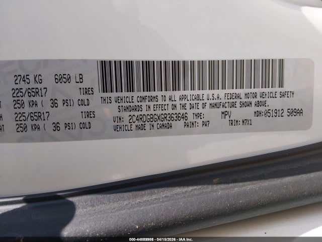 Aukcja sprzedaży 2016 Dodge Grand Caravan Se Plus, vin: 2C4RDGBGXGR363646, numer aukcji: 44889905