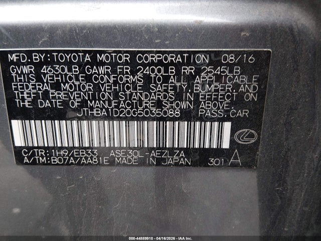 44889910 :رقم المزاد ، JTHBA1D20G5035088 vin ، 2016 Lexus Is 200t مزاد بيع