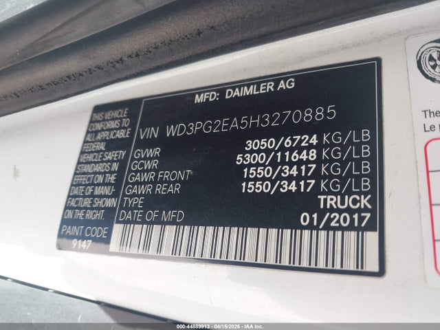 44889913 :رقم المزاد ، WD3PG2EA5H3270885 vin ، 2017 Mercedes-benz Metris مزاد بيع