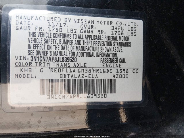 3N1CN7AP8JL839520 Nissan Versa 1.6 S+
