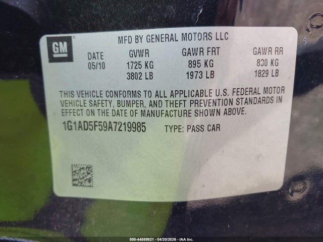 Aukcja sprzedaży 2010 Chevrolet Cobalt Lt, vin: 1G1AD5F59A7219985, numer aukcji: 44889921