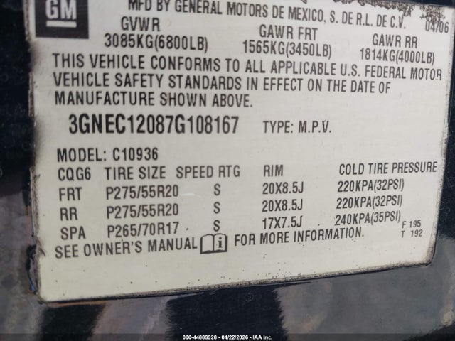 2007 Chevrolet Avalanche 1500 Ltz მანქანა იყიდება აუქციონზე, vin: 3GNEC12087G108167, აუქციონის ნომერი: 44889928