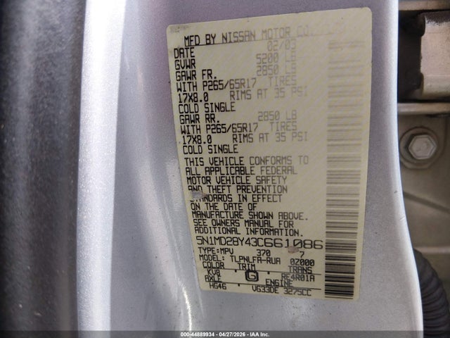 44889934 :رقم المزاد ، 5N1MD28Y43C661086 vin ، 2003 Nissan Xterra Se S/c مزاد بيع