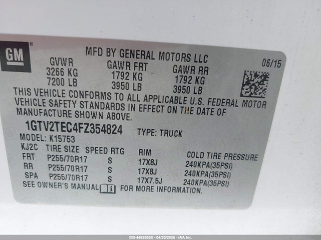 2015 Gmc Sierra 1500 მანქანა იყიდება აუქციონზე, vin: 1GTV2TEC4FZ354824, აუქციონის ნომერი: 44889950
