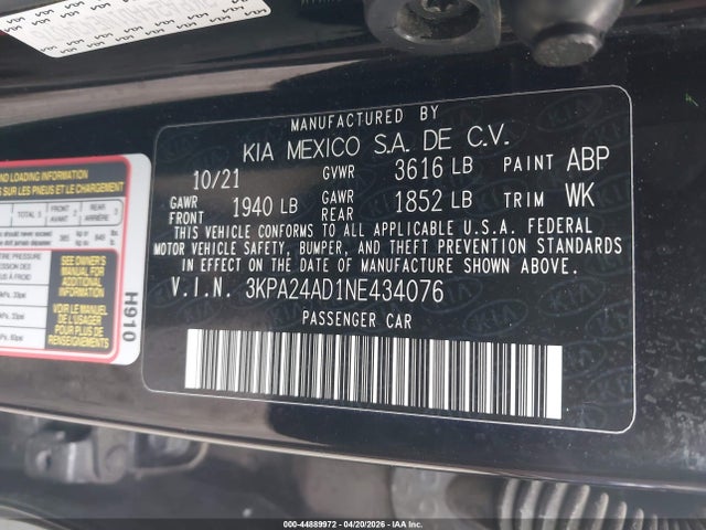 Продаж на аукціоні авто 2022 Kia Rio Lx, vin: 3KPA24AD1NE434076, номер лоту: 44889972