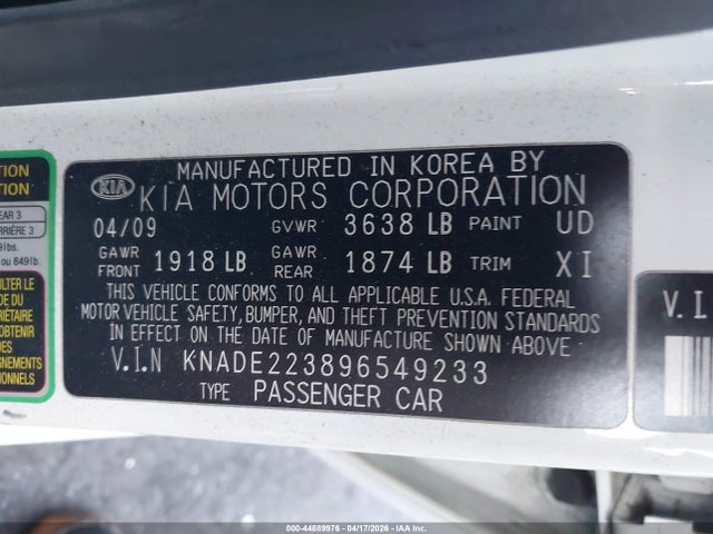Продаж на аукціоні авто 2009 Kia Rio Lx, vin: KNADE223896549233, номер лоту: 44889976