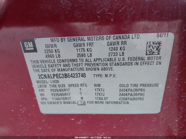 Aukcja sprzedaży 2011 Chevrolet Equinox 2lt, vin: 2CNALPEC3B6423748, numer aukcji: 44889977