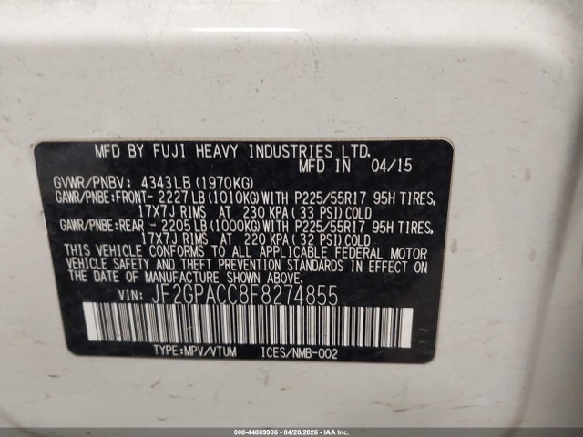 Aukcja sprzedaży 2015 Subaru Xv Crosstrek 2.0i Premium, vin: JF2GPACC8F8274855, numer aukcji: 44889986