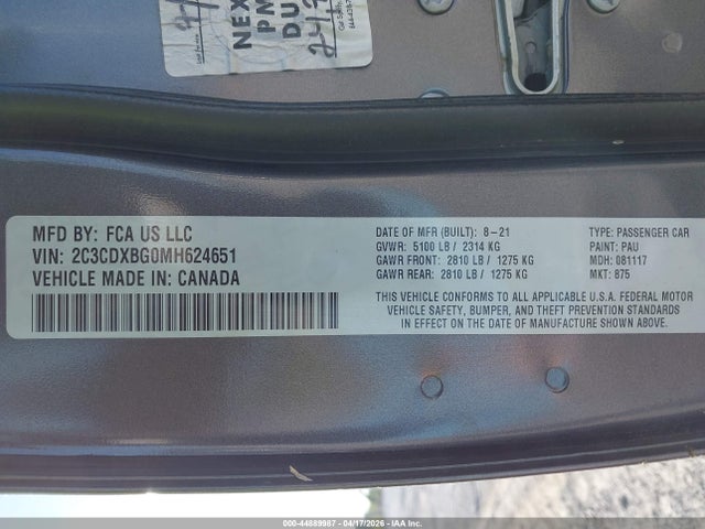 44889987 :رقم المزاد ، 2C3CDXBG0MH624651 vin ، 2021 Dodge Charger Sxt Rwd مزاد بيع