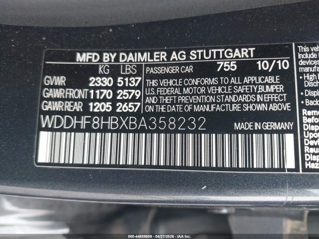 44889989 :رقم المزاد ، WDDHF8HBXBA358232 vin ، 2011 Mercedes-benz E 350 4matic مزاد بيع