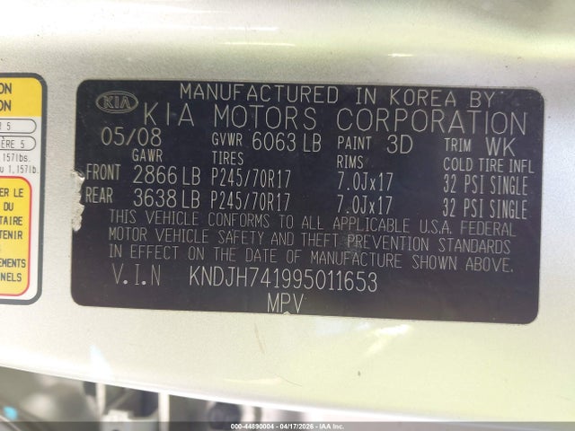 44890004 :رقم المزاد ، KNDJH741995011653 vin ، 2009 Kia Borrego Lx V6 مزاد بيع