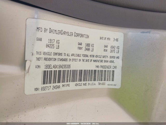 44890006 :رقم المزاد ، 1B3EL46X16N235335 vin ، 2006 Dodge Stratus Sxt مزاد بيع