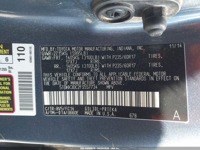 44890016 :رقم المزاد ، 5TDKK3DC2FS557734 vin ، 2015 Toyota Sienna Le 8 Passenger مزاد بيع