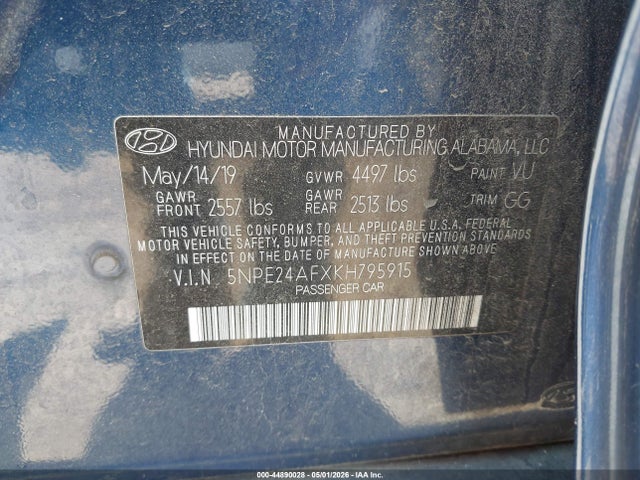 44890028 :رقم المزاد ، 5NPE24AFXKH795915 vin ، 2019 Hyundai Sonata Se مزاد بيع