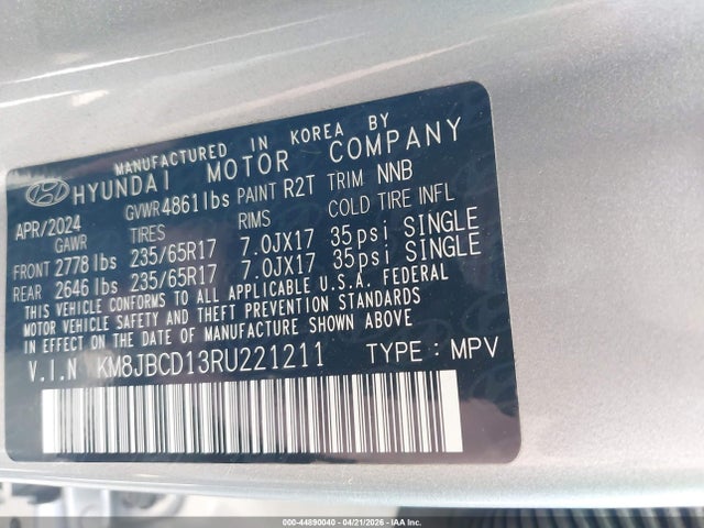 Продаж на аукціоні авто 2024 Hyundai Tucson Hybrid Blue, vin: KM8JBCD13RU221211, номер лоту: 44890040